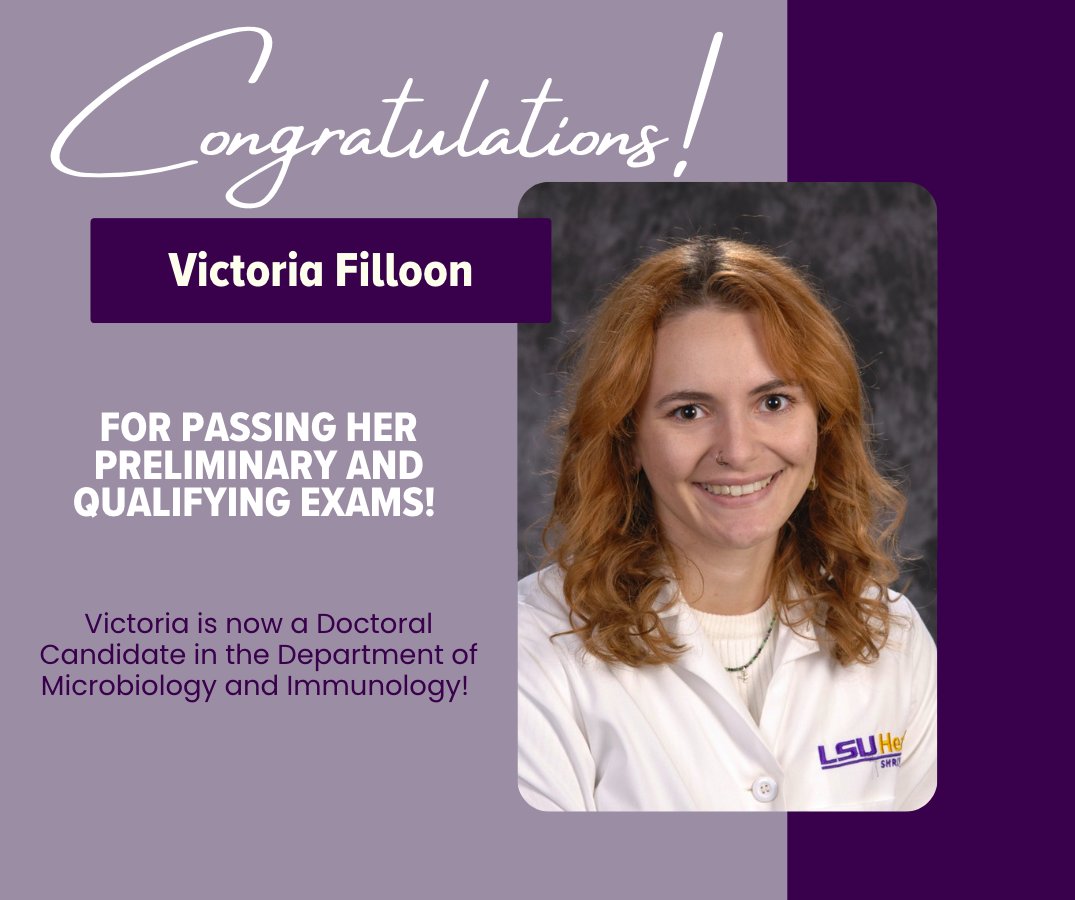 LSU Health Shreveport Microbiology and Immunology (@lsuhs_micro) on Twitter photo Join me in congratulating <a href="/VicDFilly/">Victoria D Filloon</a> (Yurochko lab) for passing her qualifying and preliminary exams!
Victoria is now a Doctoral Candidate!
<a href="/LSUHS/">LSU Health Shreveport</a> <a href="/LSUHSResearch/">LSU Health Shreveport Research</a> <a href="/LSUHS_PhD/">LSUHS School of Graduate Studies</a> Join me in congratulating <a href="/VicDFilly/">Victoria D Filloon</a> (Yurochko lab) for passing her qualifying and preliminary exams!
Victoria is now a Doctoral Candidate!
<a href="/LSUHS/">LSU Health Shreveport</a> <a href="/LSUHSResearch/">LSU Health Shreveport Research</a> <a href="/LSUHS_PhD/">LSUHS School of Graduate Studies</a>