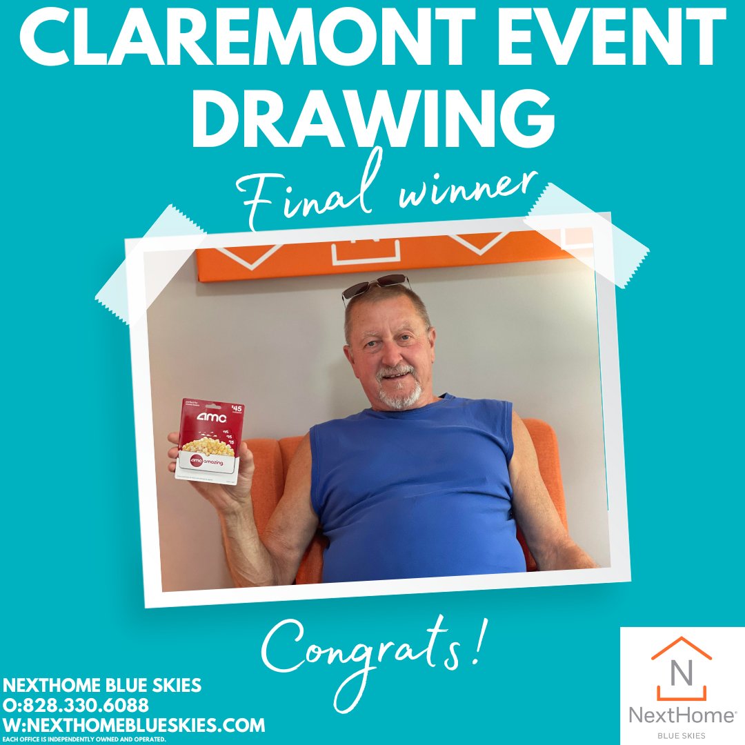 Congrats to our final winner from the Claremont event this past weekend! 😆We enjoyed seeing everyone come out! If you're interested in being our next winner stay tuned for our next event!🎉

NextHome Blue Skies 
O:828.330.6088 
W:nexthomeblueskies.com

 #pastweekend #claremont