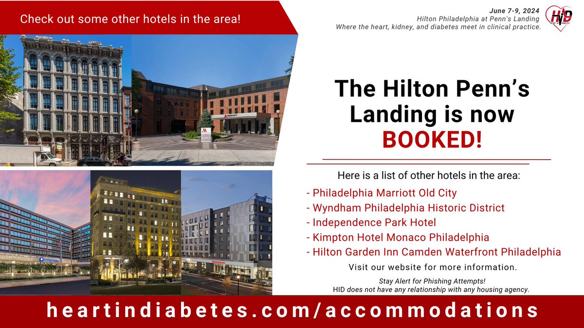 Facing hotel changes for the 8th @HeartinDiabetes? We have compiled a list of nearby hotels, which you can access at heartindiabetes.com/accommodations Please stay alert for Phishing Attempts! Only book through our official website; we're not affiliated with any housing agency #HID2024