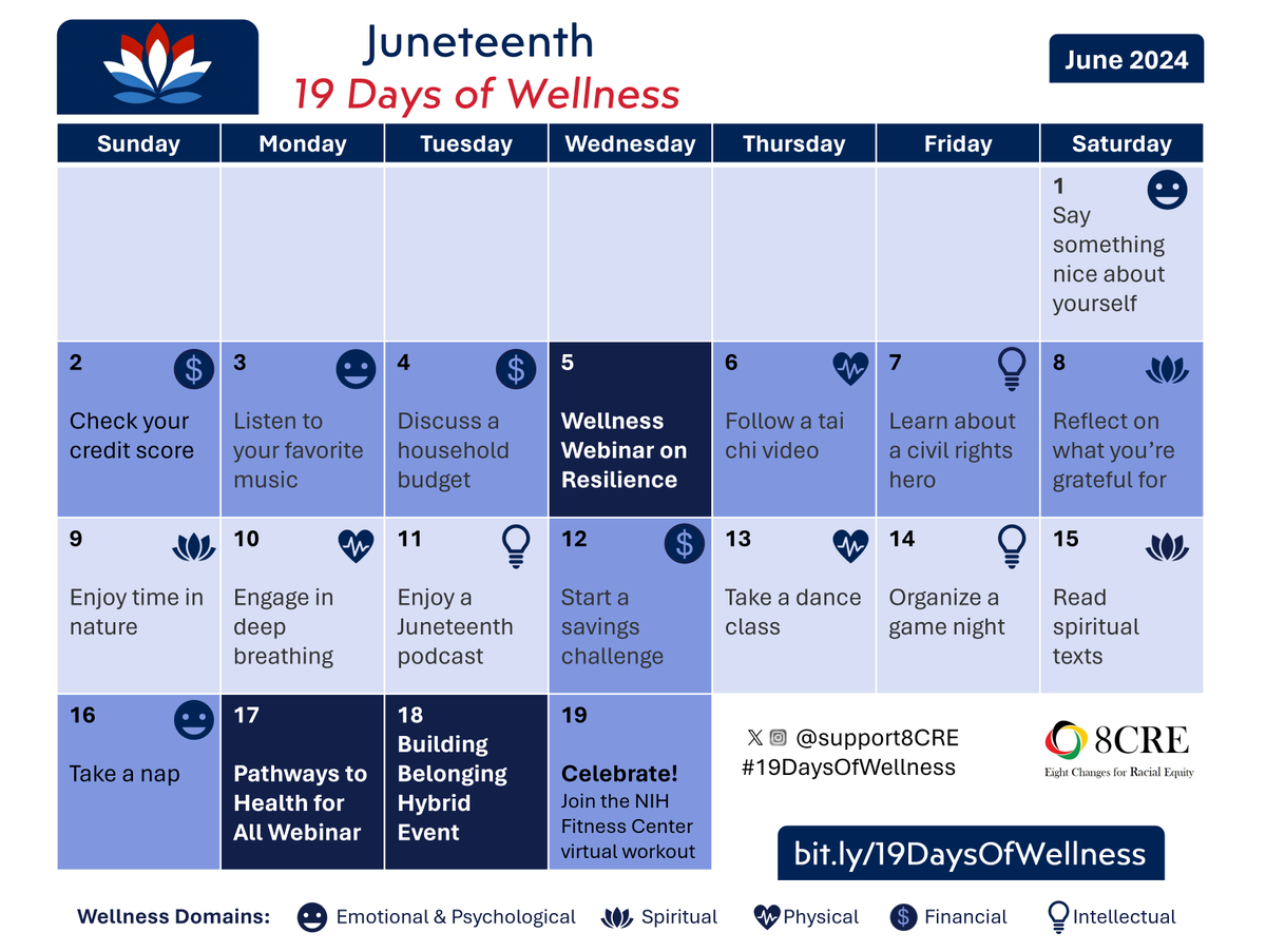 Join us in celebrating #Juneteenth with @Support8CRE from June 1-19! Uplift yourself, your family and friends, and your community through #19DaysOfWellness. Register for this free virtual event at bit.ly/19DaysOfWellne…