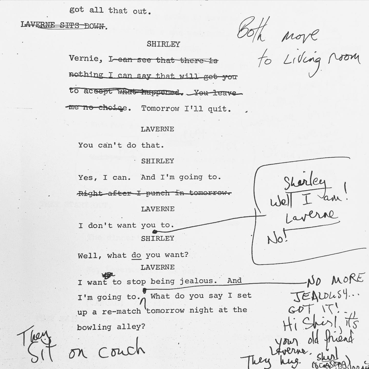 A quick lesson in dialogue from this annotated LAVERNE & SHIRLEY script: Less is more! “It’s the Water” by Greg Strangis / From the Dennis Klein Collection