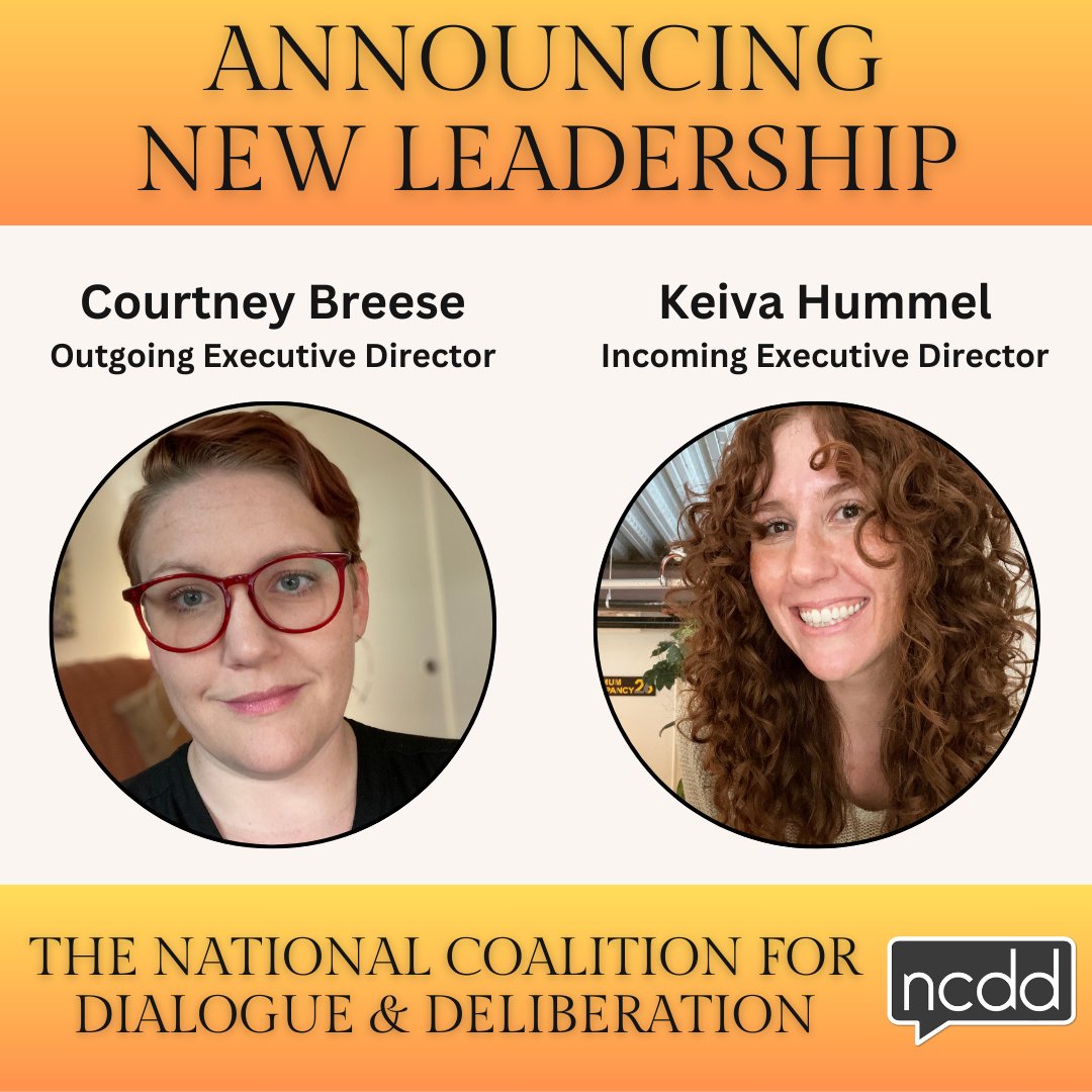 After 5 years, Courtney Breese will step down as NCDD's ED to become Director of Community Mediation Programs at the MA Office of Public Collaboration. Keiva Hummel will be the new #NCDD Executive Director. Read more: ncdd.org/news/exciting-… #DemoPart #ListenFirst #DisagreeBetter