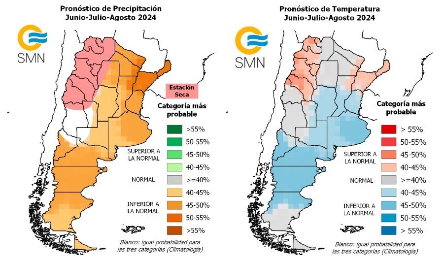 🙌 Ya está disponible el pronóstico climático para el #invierno 2024 ❄️ 📉 Para el próximo trimestre, la tendencia indica temperaturas inferiores a las normales para toda la región pampeana, sur del Litoral y gran parte de Patagonia. Mirá el informe: 👉 bit.ly/JJA2024