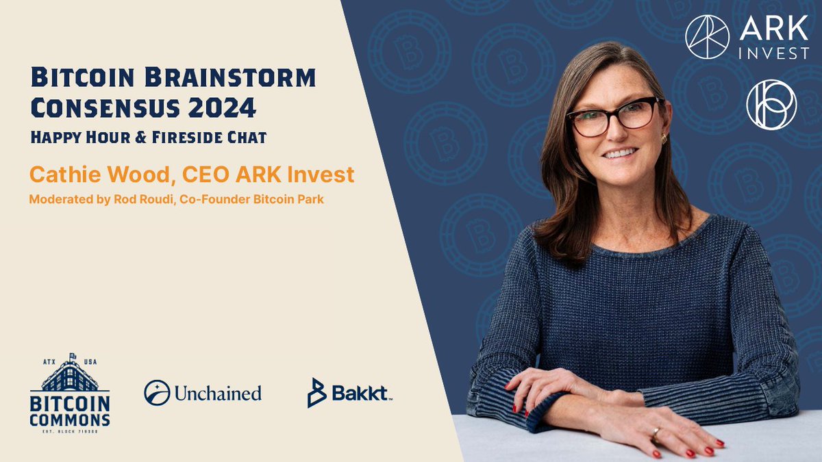 Don't miss tonight's a happy hour and fireside chat with @cathiedwood, CEO of @arkinvest, sponsored by Unchained and @bakkt at the @bitcoincommons in Austin, Texas. Follow this account to get the latest updates during the event!