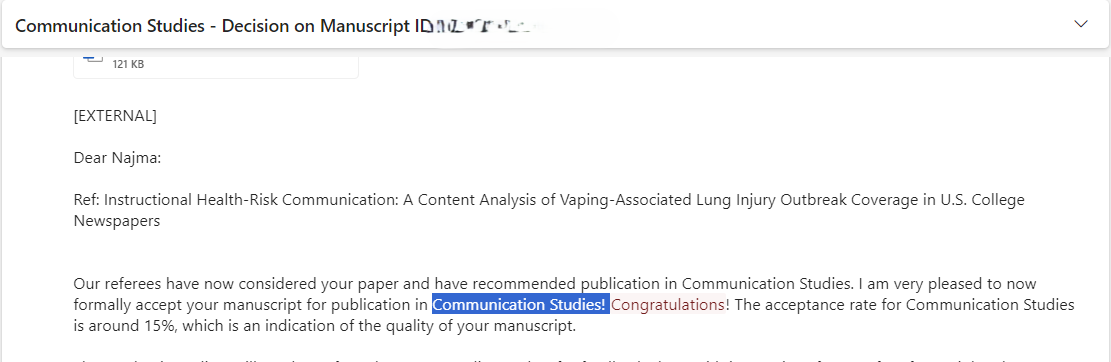 Exciting news 🎉 One of my projects with <a href="/KhairulIslam11/">Khairul Islam, PhD</a> has been accepted for publication in Communication Studies. Cannot wait to share it! #vapingoutbreak #instructionalriskcommunication #collegenewspapers #phdlife #momacademia
