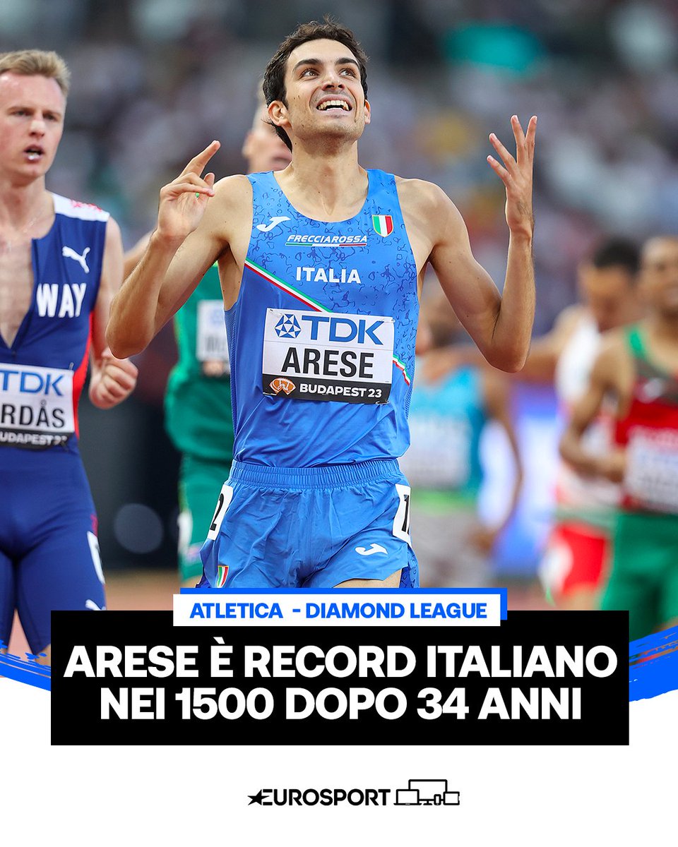 Eurosport_IT's tweet photo. CAPOLAVORO DI PIETRO ARESE 🏆🇮🇹

L’azzurro ha stabilito il nuovo record nei 1500 metri con un tempo di 3:32.13. #Arese ha ufficialmente stracciato il precedente primato di Gennaro Di Napoli di 3:32.78, che resisteva dal 1990, ben 3️⃣4️⃣ anni 💥

#Atletica #Athletics #ItaliaTeam https://t.co/N7iL4fDSlf