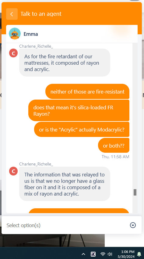 FiberglassFree's tweet photo. Emma Sleep chat just accidentally admitted its mattresses used to contain glass fiber - completely contradicting all the previous fiberglass-free claims.. Another example of mattress brands using "silica" as code for glass fiber. Nice!

#fiberglass #fiberglassmattress https://t.co/tZGIcsbvv1