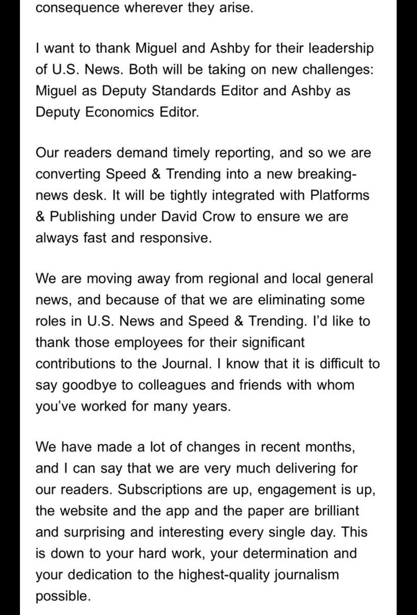 NEW: WSJ editor Emma Tucker announces changes in how the paper covers US News, including shuttering east coast, Midwest and West Coast regional bureaus