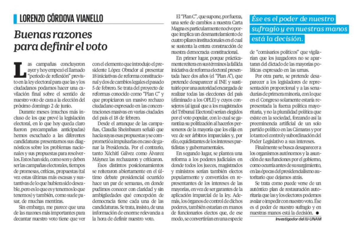 De cara al voto el domingo próximo, reflexiono en mi artículo de @El_Universal_Mx sobre uno de los temas más relevantes que están en juego: mantener o desmantelar a las instituciones sobre las que se funda nuestra democracia constitucional. Queda en nosotros decidir a dónde vamos