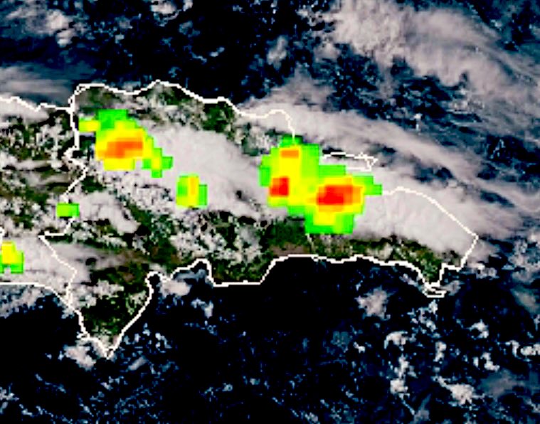 Avanza la tarde de este jueves festivo y se observan desarrollos nubosos, generadores de aguaceros con tormentas eléctricas sobre las provincias: María T. Sánchez, Duarte, Sánchez Ramírez, Monte Plata, Dajabón, Santiago Rodríguez y La Vega.