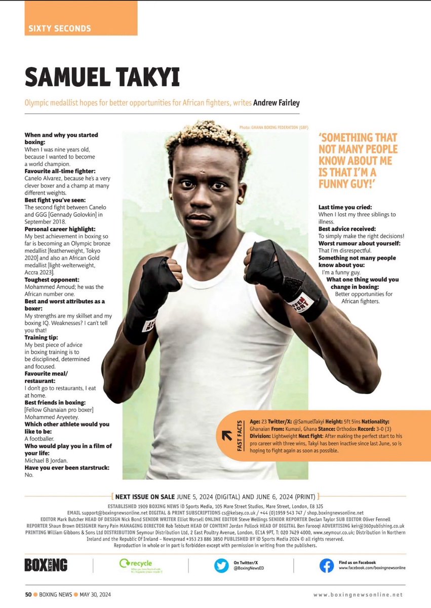 Our new signing, Ghana’s Olympic Bronze Medalist ⁦@ringwarrior95⁩ already hitting the headlines here in the UK in this weeks edition of ⁦@BoxingNewsED⁩ Thanks to ⁦@AndrewFairley1⁩ ⁦⁩ ⁦⁦@Streetwisemgt⁩ ⁦@DiBellaEnt⁩ ⁦@loudibella⁩ 🇬🇭🔥🇬🇭