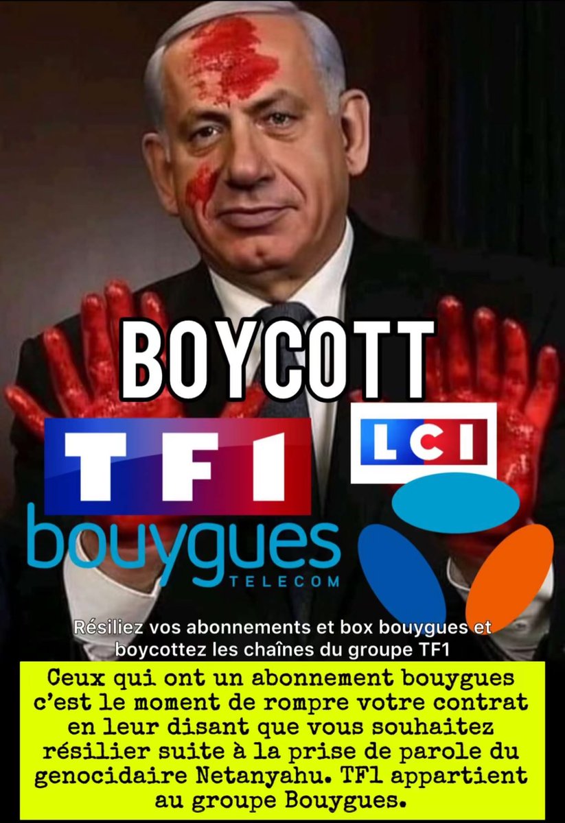 AlertesInfos's tweet photo. 🇫🇷🇮🇱 FLASH - Un appel au boycott a été lancé à l’encontre de Bouygues Telecom, avec une incitation à résilier son abonnement Bouygues, après l’interview de Benjamin Netanyahou sur LCI. (X) https://t.co/4t4dEg32e7