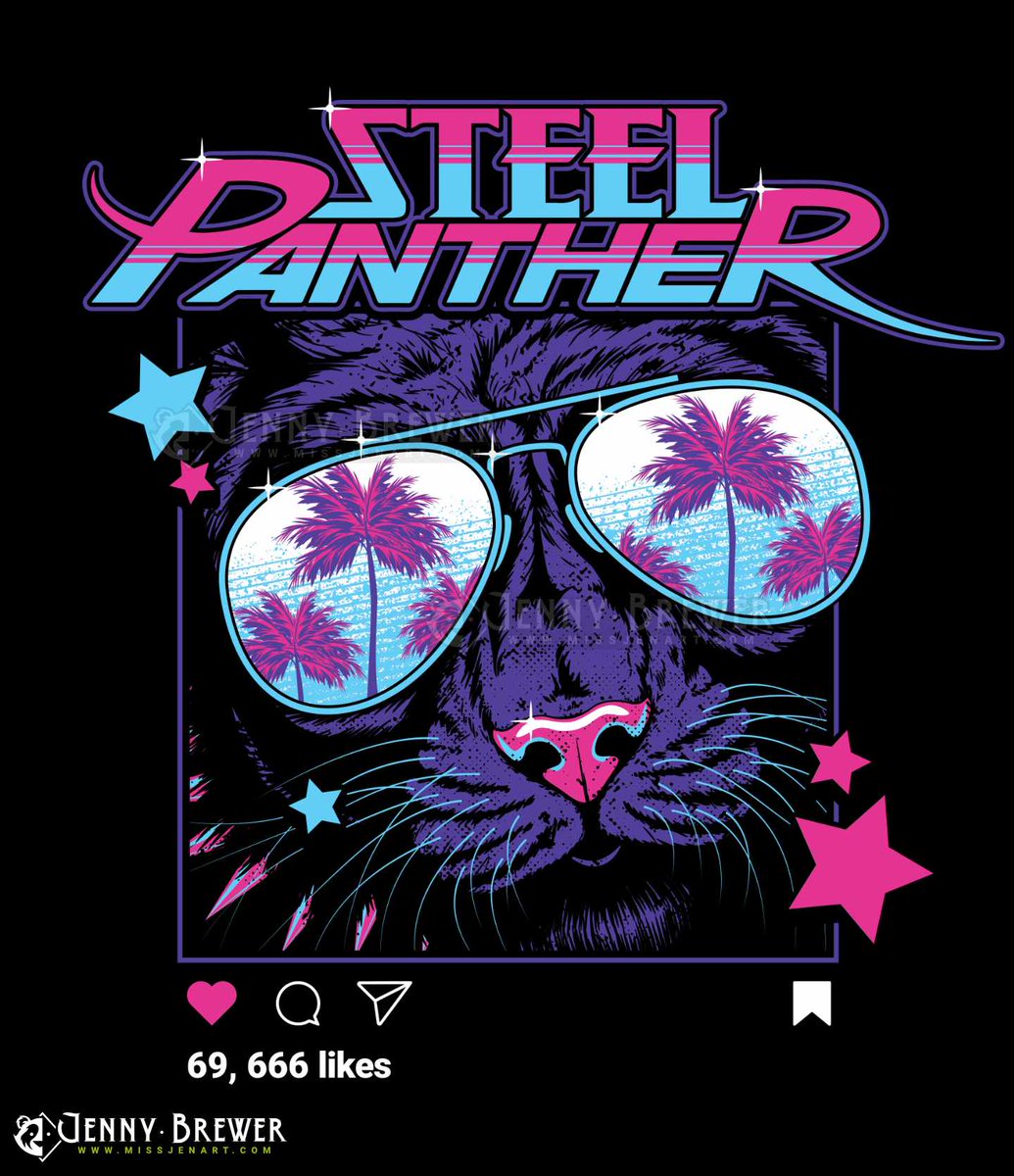 Illustration created for my favourite band, @Steel_Panther ! Available now as T-shirts, Vests, Beach Towels and Koozies at steelpanther.com

What a dream come true, thank you fellas! 
#steelpanther #OnTheProwl #merch #merchdesign #illustration #metal #panther