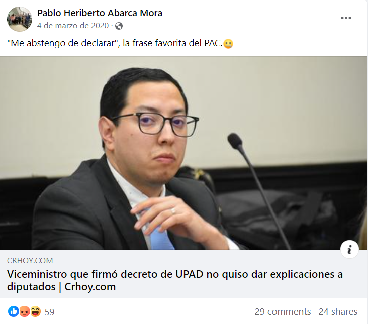 JonaFA2022's tweet photo. Hoy el Embajador Pablo Heriberto Abarca se abstiene a declarar sobre sus actuaciones.

Hace unos pocos años, cuando era Diputado del PUSC, el mismo Abarca reclamaba así cuando otros jerarcas se abstenían a declarar.

"Me abstengo a declarar" ahora también es su frase favorita. https://t.co/Iq99LZKlKF