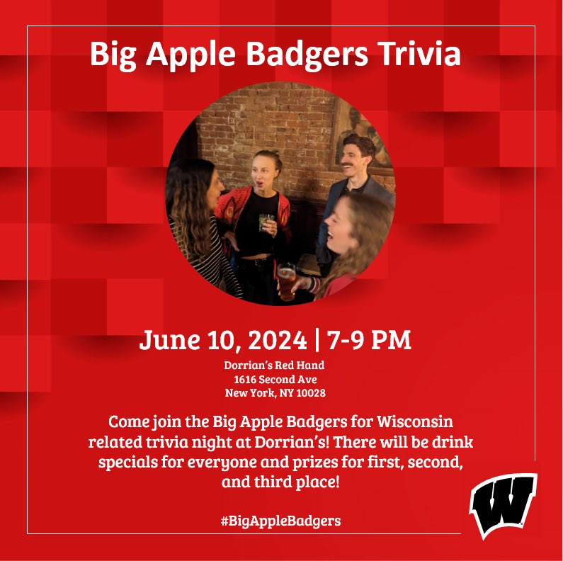 *drumroll please* Wisconsin trivia night is finally back!! Whether you want to play solo, or with a team, come join us Monday, June 10 for a chance to win!! Prizes will be given to first, second, and third place! Link to register: uwalumni.com/events/bab-tri…