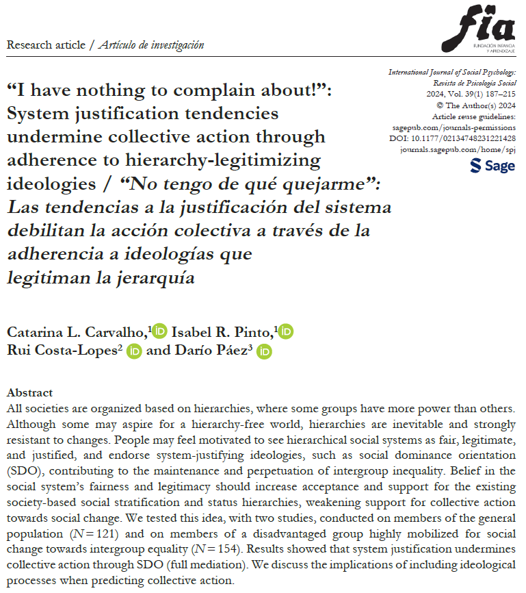 IJSP_RPS's tweet photo. @AnaCatarinaC , Pinto, @RuiCostaLopes , and Páez, explore the role of SDO in collective action in “I Have Nothing to Complain About!”: System Justification Tendencies Undermines Collective Action Through Adherence to Hierarchy-Legitimizing Ideologies" https://t.co/PfpzIr3x77 https://t.co/QxM5Qf2Djh