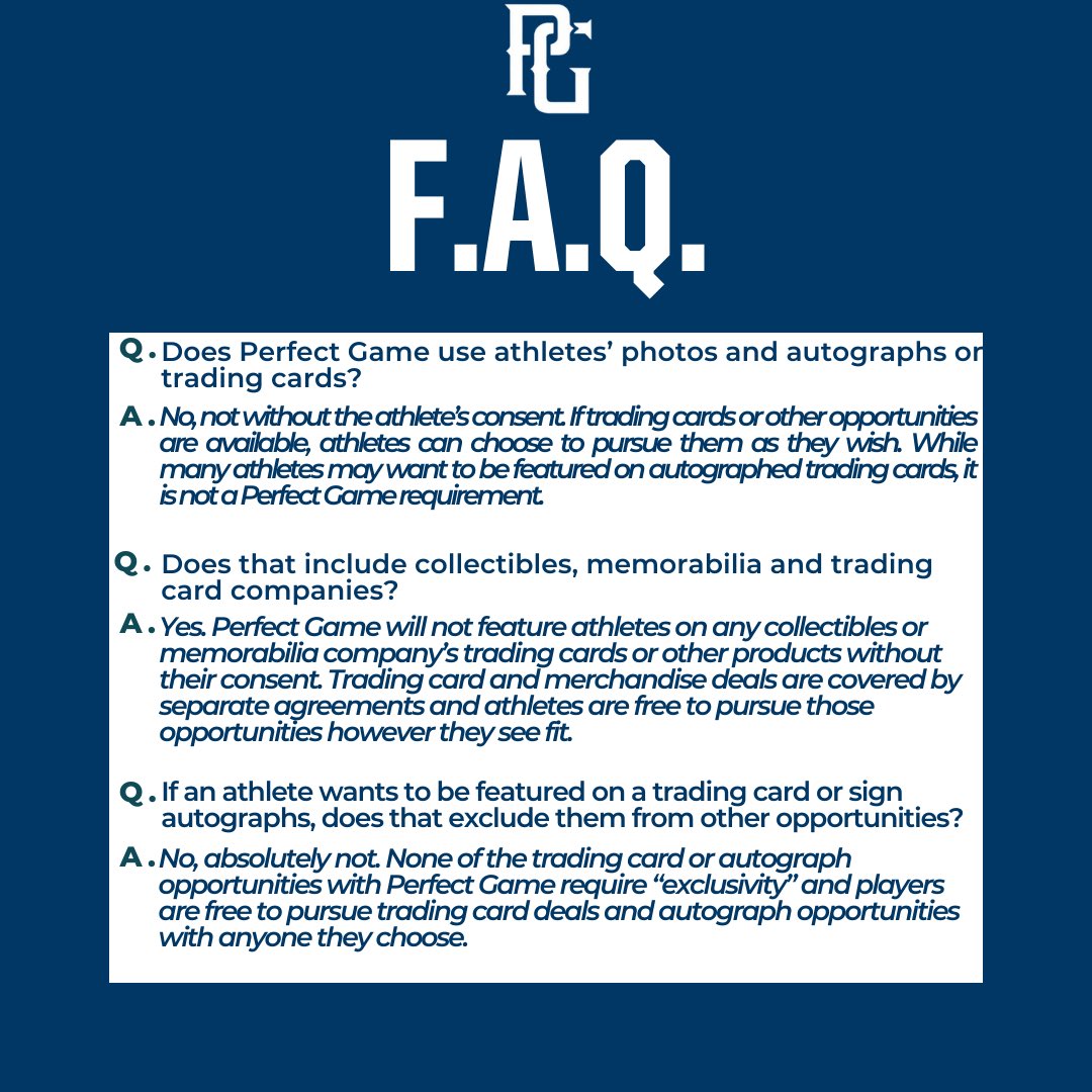 PerfectGameUSA's tweet photo. To help keep players &amp; families informed, please check out PG’s FAQ about our event releases &amp; NIL rights and opportunities. We encourages players to use our growing platform to enhance their brand &amp; pursue NIL deals consistent with state law and athletic eligibility regulations. https://t.co/X1bNyV1KOn