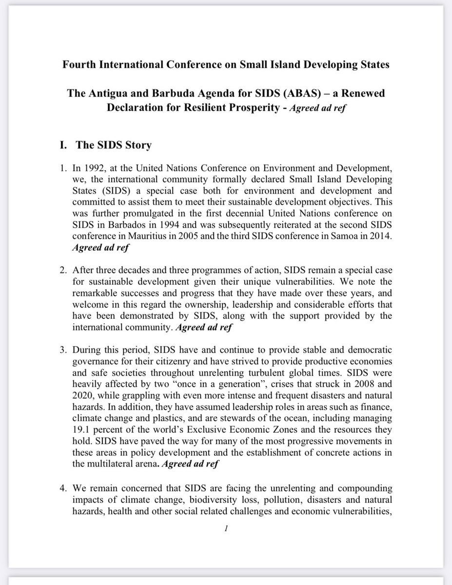 ADOPTED! 👏 

The 🇦🇬 Antigua and Barbuda Agenda for SIDS is the new plan of action for  #smallislands’ sust. dev. for the next 10 years. Italy 🇮🇹 a proud member of the preparatory committee & vice president of the #SIDS4 Conference. Read the Agenda 👉shorturl.at/cAO5x