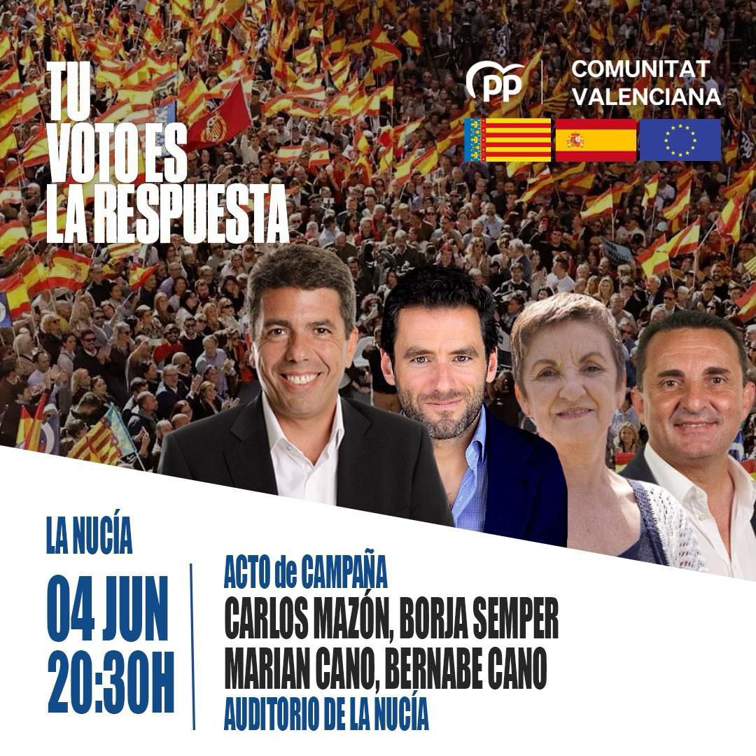 BernabeCanoES's tweet photo. 💙Os esperamos en el acto del @ppopular que celebraremos con motivo de las #EleccionesEuropeas2024

📆Próximo martes 4 de Junio 
⏰20:30h. en @AuditoriLaNucia .

🇪🇺Contaremos con la presencia de @CanoMarian, @bsemper  y el President de la Generalitat, @carlos_mazon_ https://t.co/4lCptzOmFU