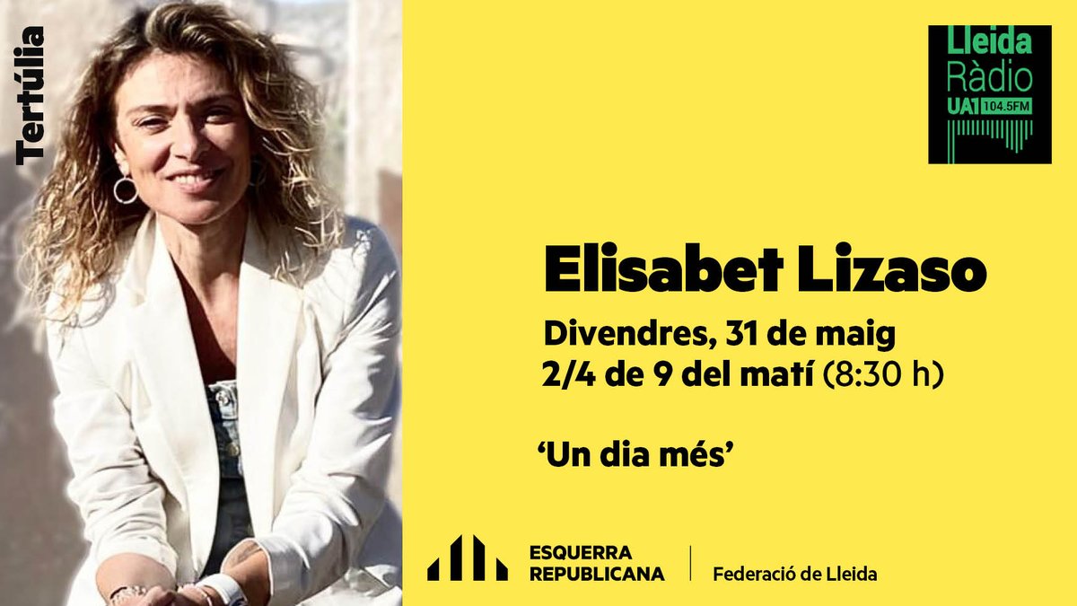 📌 NO T'HO PERDIS!!

📆 Divendres, 31 de maig
🕥 A 2/4 de 9 del matí (8:30 h)

👉🏼 L'alcaldessa de Camarasa, @Eliaek  , 🗣 participarà a la tertulia municipalista del programa 📻 #UnDiaMés de @Ua1FM