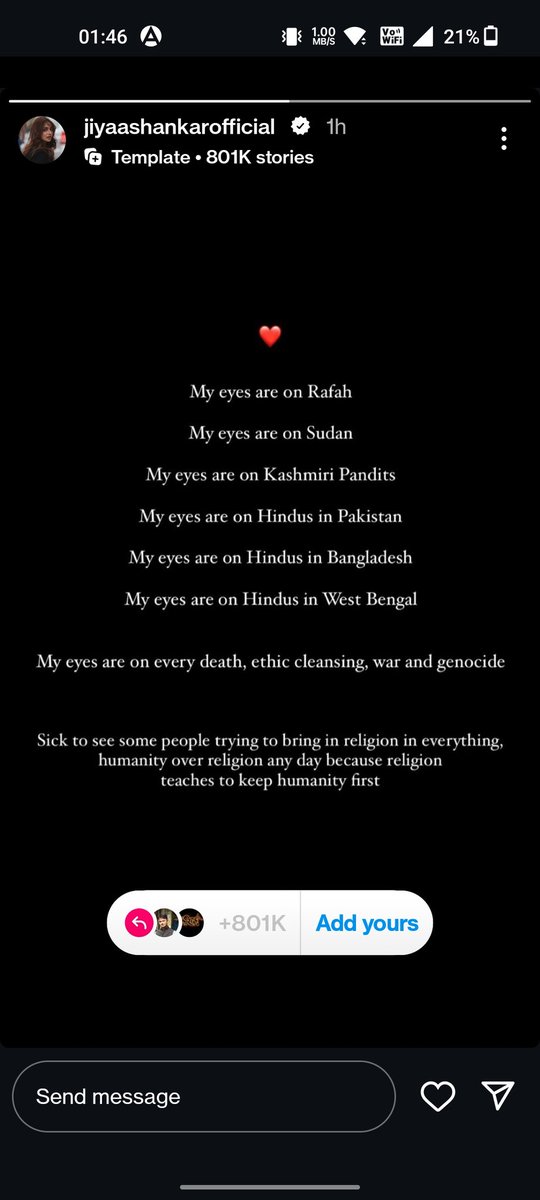 Jiya Latest instgram story ❤️ !!

Humanity is not a business, in which you have to put up the story after getting paid.. It's comes from heart, it's comes from your soul..

She is >>> 

#Abhiya