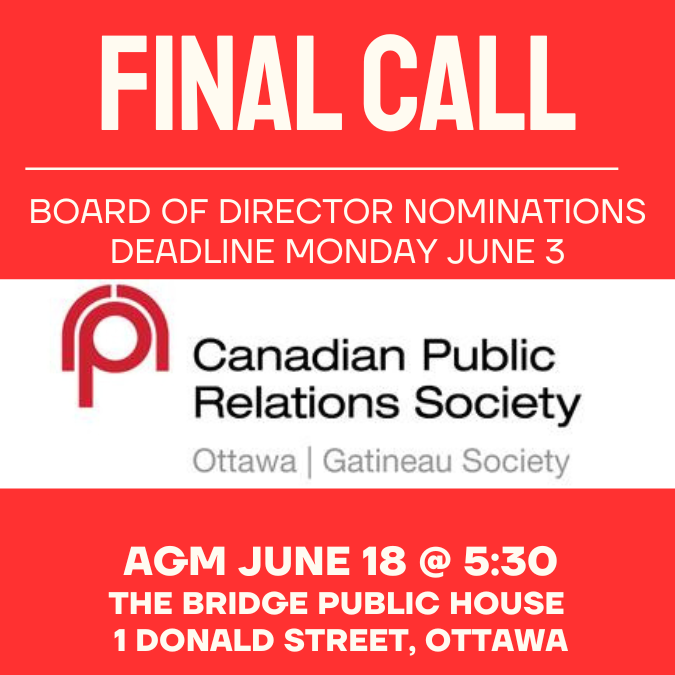 CPRSOttawaGat's tweet photo. Final Call @CPRSOttawaGat BoD Noms Deadline - Mon. June 3rd

English Nomination Form: https://t.co/tf9g44WyoS 
Francais
https://t.co/qxzCMduOvI 

Don't forget the chapter's AGM is June 18, 5:30 p.m. at the Bridge Public House, 1 Donald Street, Ottawa.  We hope you'll join us! https://t.co/CyUPW1CJ26