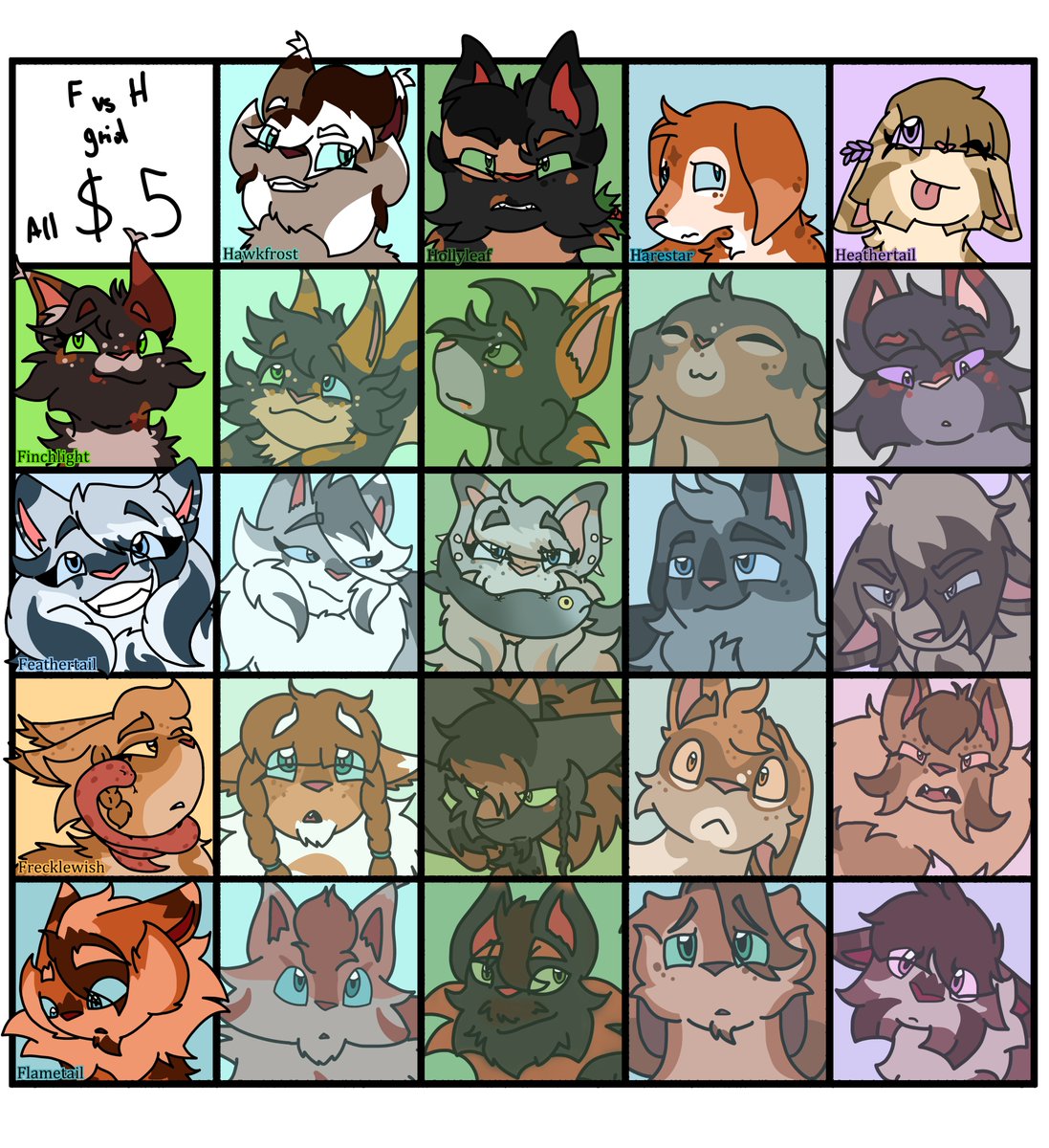 cherry_clawz's tweet image. The F vs H adopt grid!!
Saving up for a trip with my gf😊
These are all 5 USD each 
I accept p/ayp/al only!! 
Retweets appreciated!!
#warriorcats #warriorcatsoc #fusiongrid #fusiongridadopt #adoptables #catadopt