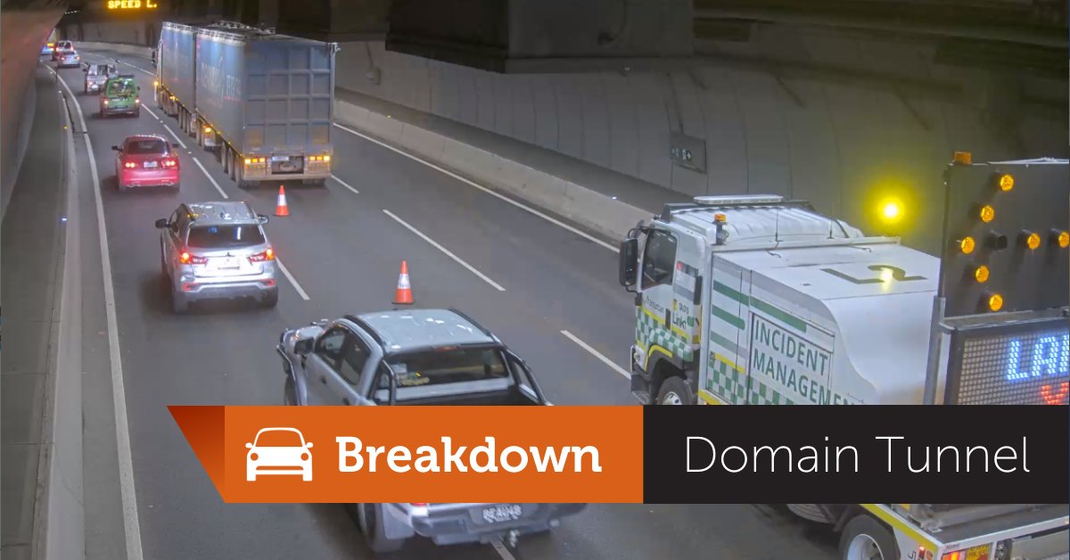 Two right lanes closed in the Domain Tunnel, due to a truck breakdown. One lane remains open with speed set at 40km/h. Please obey the overhead signals and merge early for everyone's safety. Transurban's incident management crew is attending.  Delays are building. #victraffic