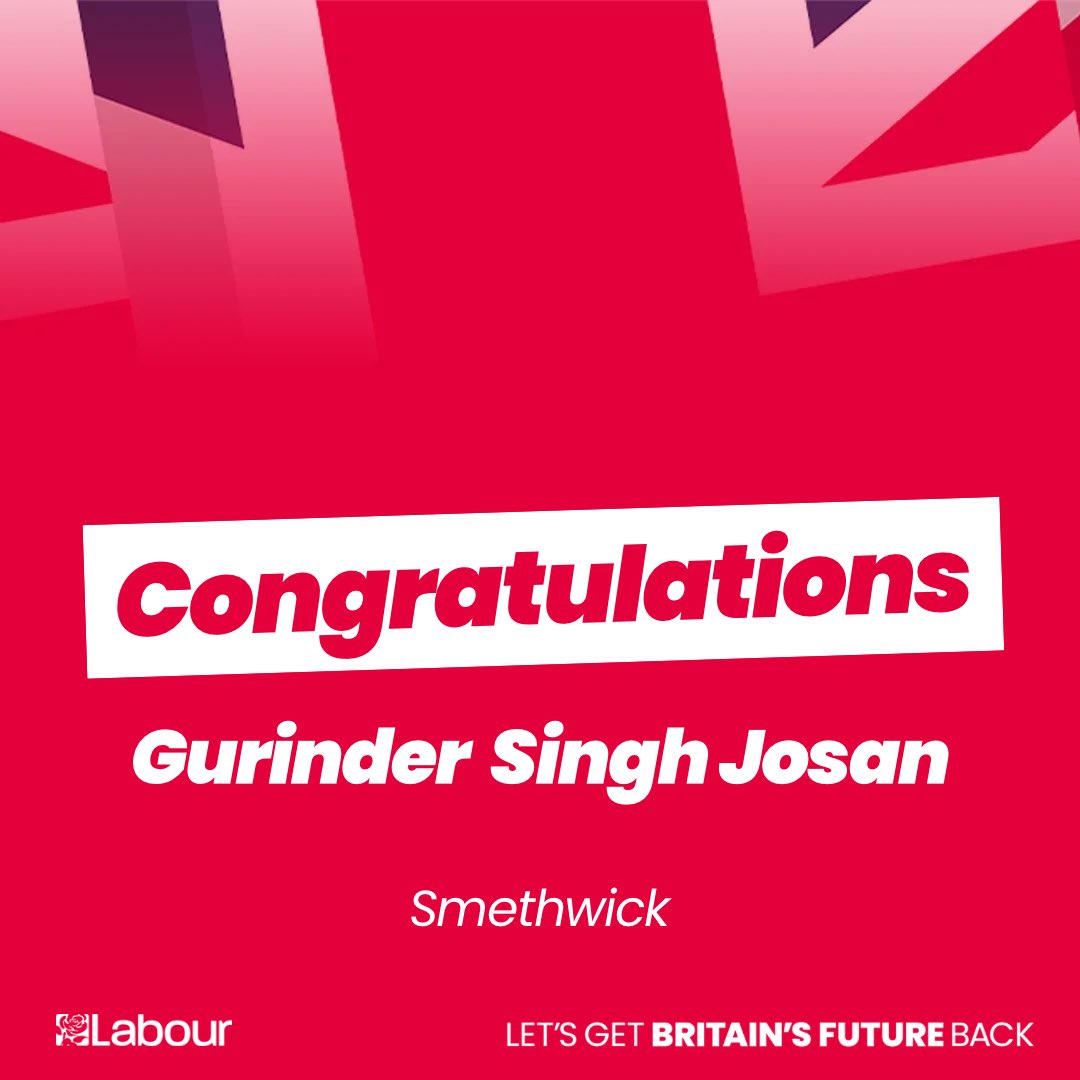 Congratulations to Gurinder Singh Josan who has been selected as Labour’s parliamentary candidate for Smethwick 🌹