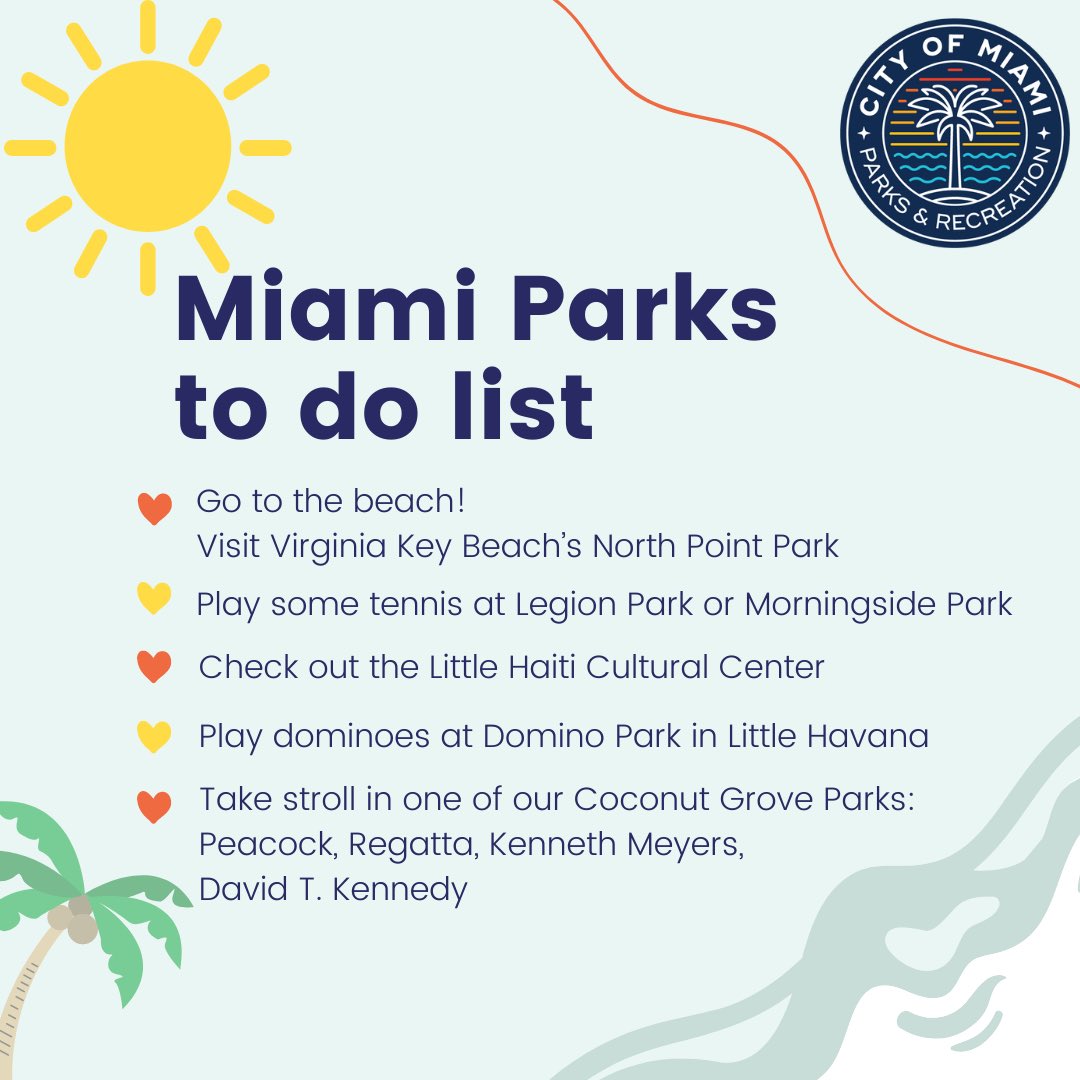 Weekend is almost here… looking for things to do? Check out one of our 150 parks! #YearRoundParks ☀️🌴💙

#MiamiParks #CityofMiamiParks #CityofMiamiParksandRecreation #MiamiParksandRecreation
#MiamiParksandRec #CityofMiami #Miami #Parks #Recreation #ParksandRecreation