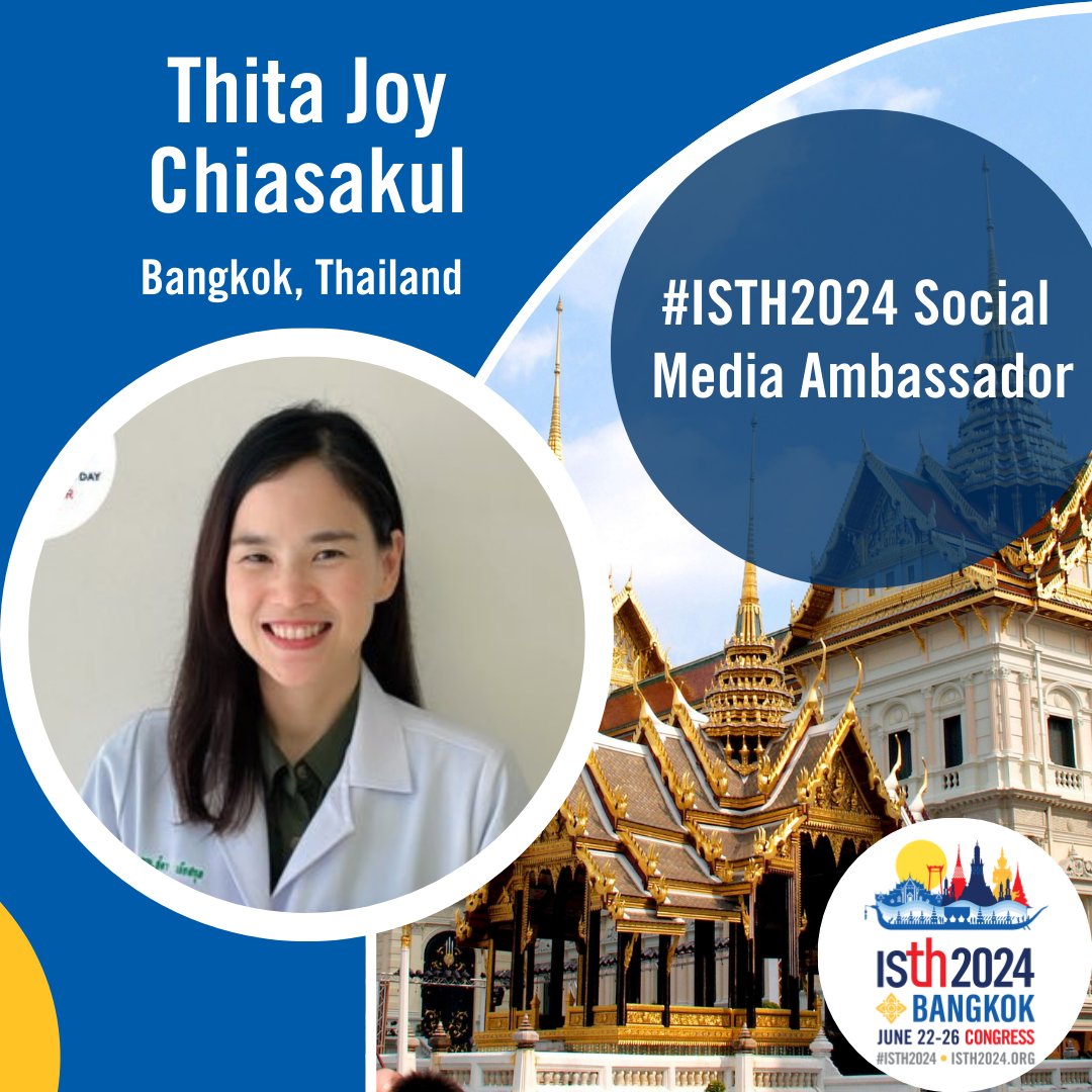 Today, we’re excited to introduce our next #ISTH2024 Social Media Ambassador @joythitac✨! Dr. Chiasakul is a hematologist/ instructor at the Division of Hematology, Department of Medicine, King Chulalongkorn Memorial Hospital, Bangkok, Thailand 1/