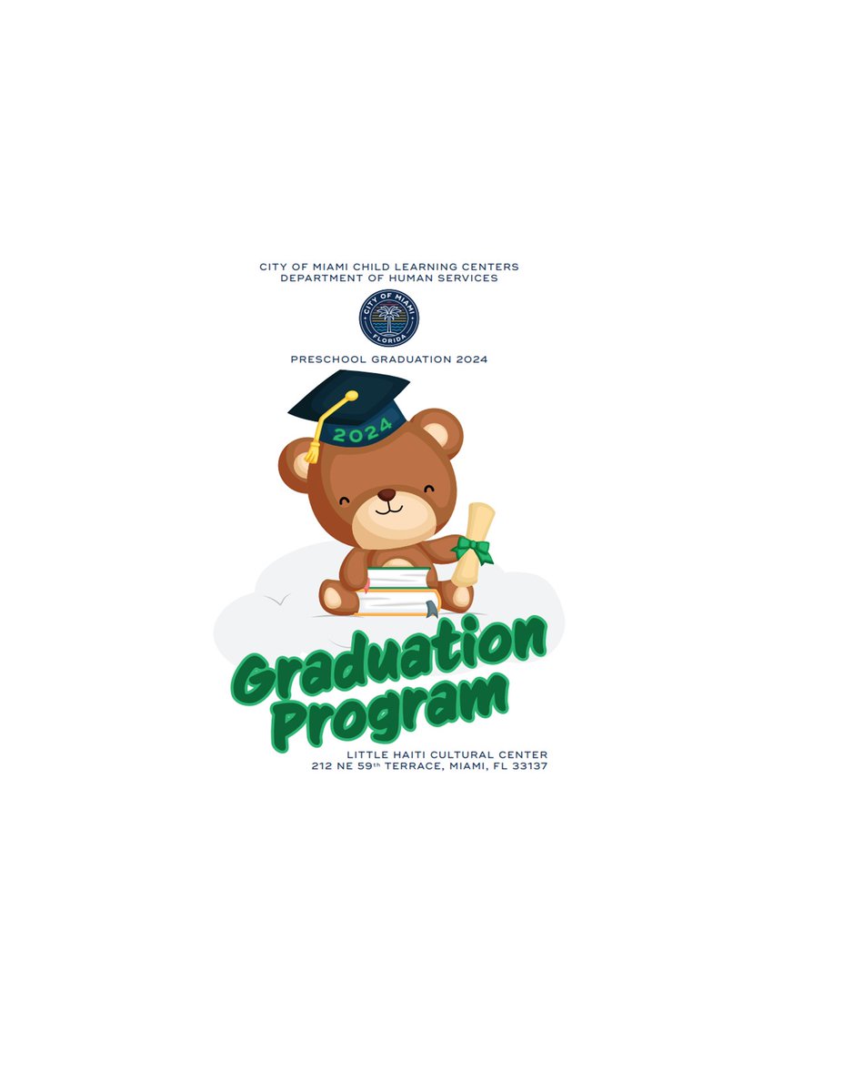 Celebrating the Graduating Class of 2024- Pre-School Style! Join us tomorrow at 10am at the #LittleHaitiCulturalCenter for our exciting 'Moving Up Ceremony' honoring youth from the Lemon City, Moore & Eaton Park Child Learning Centers. 

@cityofmiamiclc 
@cityofmiamidhs