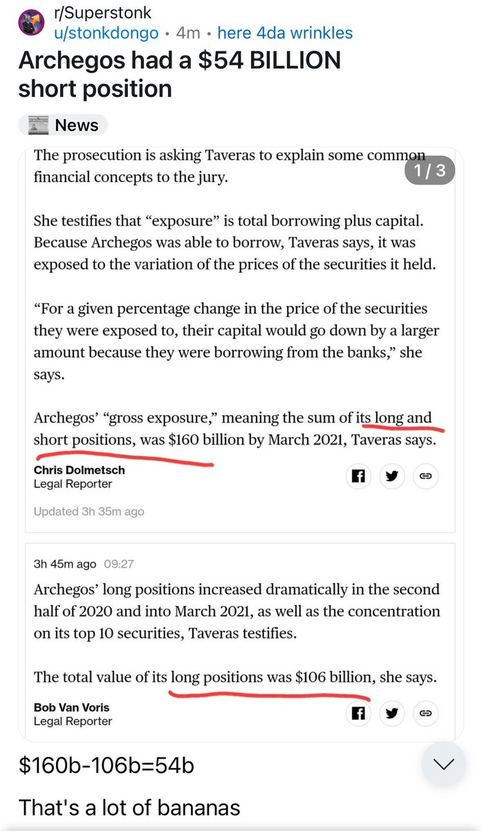 Court docs from today reveal that: 

Archegos had a $54 BILLION short position 🔥 

$160b-106b=54b 🔥 

That's a lot of bananas 🍌 

Source - bloomberg.com/news/live-blog… $GME <a href="/ryancohen/">Ryan Cohen</a> <a href="/TheRoaringKitty/">Roaring Kitty</a>