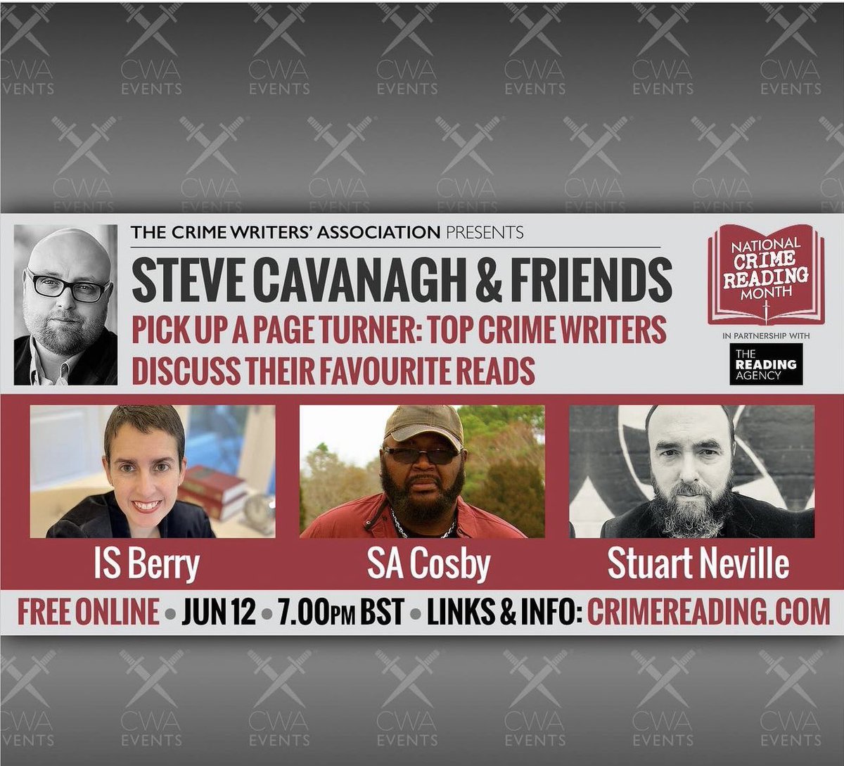FREE ONLINE EVENT!! Join @SteveCavanagh_ @blacklionking73 @stuartneville and @isberryauthor as they reveal their favourite crime and thriller reads, and the books that inspired them, for National Crime Reading Month. eventbrite.co.uk/e/steve-cavana…