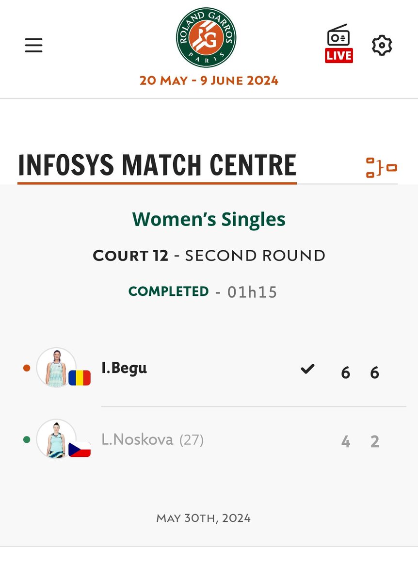 tennisromania's tweet photo. 🇷🇴Irina Camelia Begu➡️R3 #RolandGarros #RG24 
🇷🇴Begu def. 🇨🇿 Noskova 64 62
#irinacameliabegu #irinabegu https://t.co/HNbamcX2SN