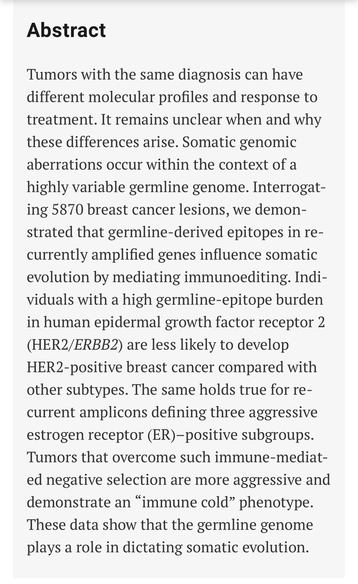 A new piece to puzzles we face in #breastcancer:

Why do people get diff types of breast cancer? 

Why do tumors of a given subtype behave differently? 

Germline-derived epitopes shape tumor development through immunoediting 👇

science.org/doi/10.1126/sc…

#OncTwitter #bcsm #ASCO24