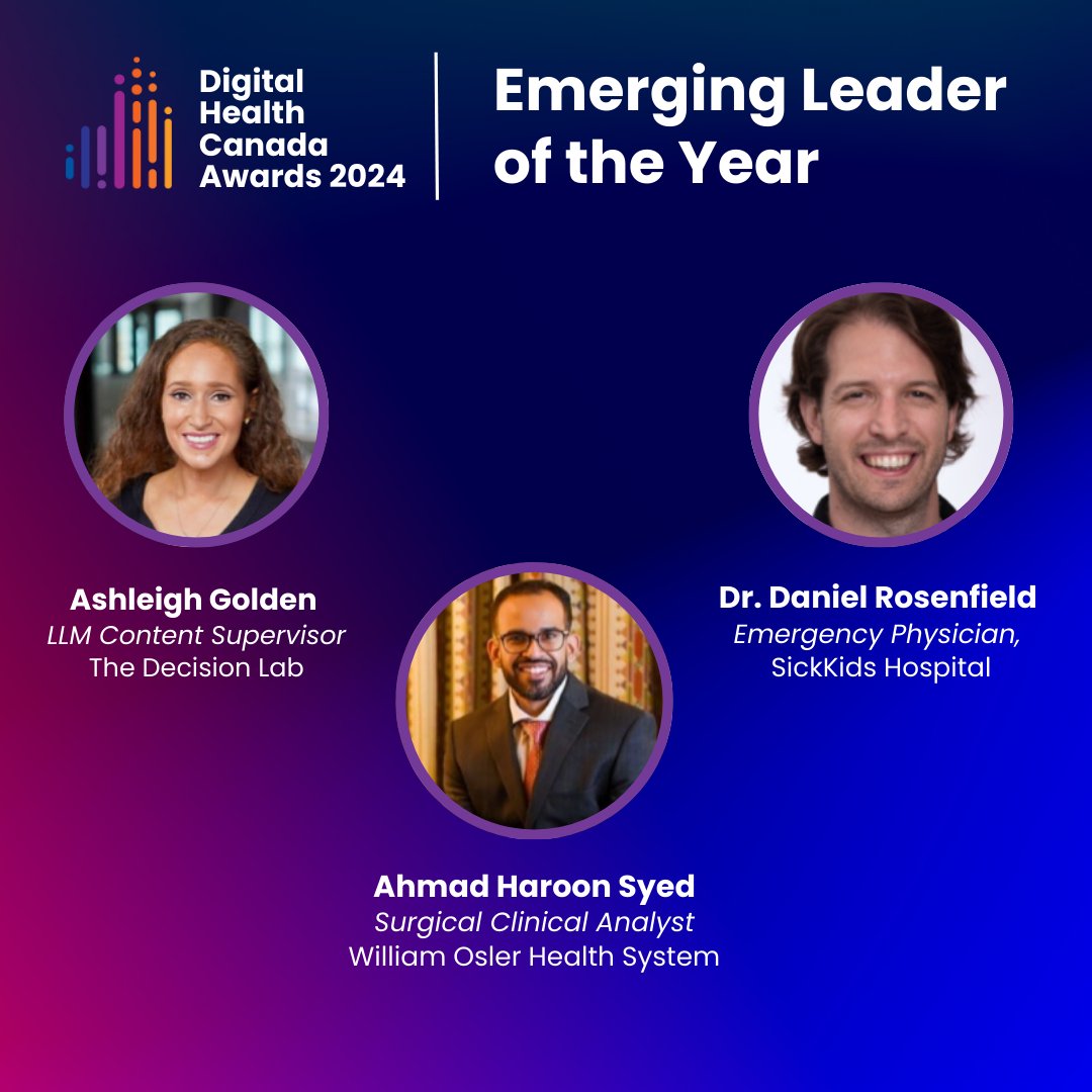 Emerging Leader of the Year Award recognizes individuals who are in the first seven years of their career. Congratulations to this year's recipients Ashleigh Golden (Wayhaven), Dr. Daniel Rosenfield (@SickKidsNews), and Ahmad Haroon Syed (@OslerHealth)!