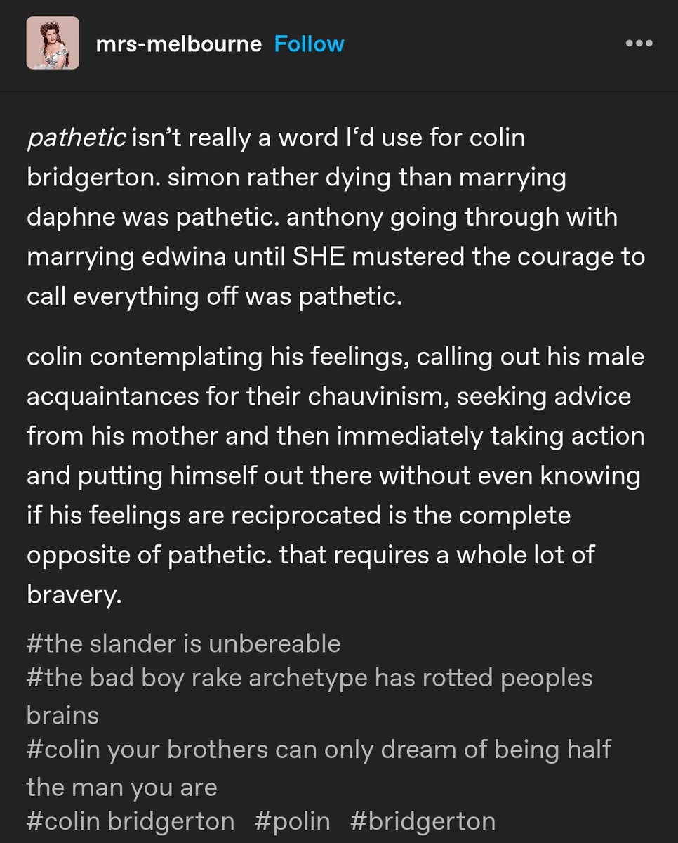 "# the bad boy rake archtype has rotted peoples brain"

COLIN BRIDGERTON, YOU ARE TRULY THE BRAVEST BRIDGERTON MAN !!