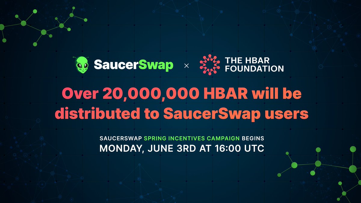 Big Announcement! 📡 We’re thrilled to announce our collaboration with @HBAR_foundation, offering over 20M $HBAR in rewards! 👀 Tokens will be distributed to SaucerSwap V1 + V2 liquidity providers over the coming months. More details soon. Campaign starts Monday, June 3rd!