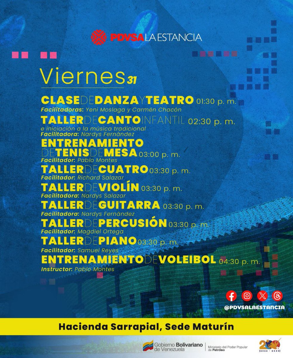 Disfruta este #Viernes #31Mayo de la programación cultural en nuestras sedes de #Caracas #Paraguaná #Maracaibo y #Maturín PDVSA La Estancia, espacio cultural de #PDVSA