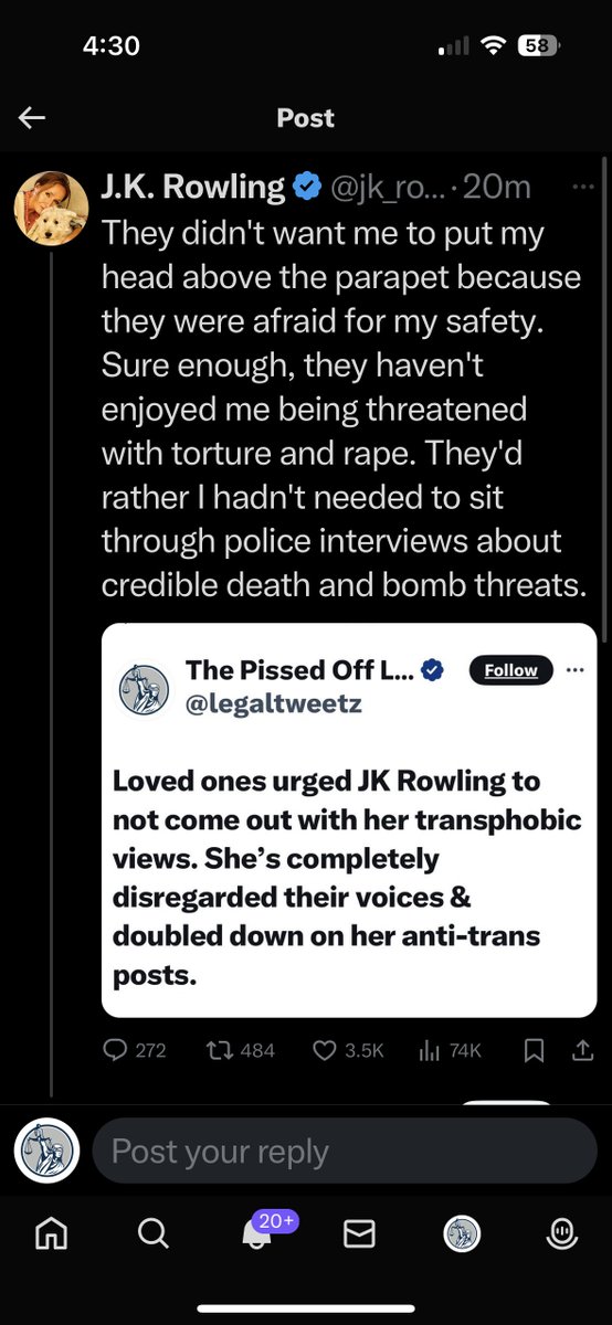 Oh great. @jk_rowling tweeted me out. The comments about me are horrifying. Does she not realize the power imbalance between her and I? Or is that lost on her? Now my phone is blowing up with shitty comments & hateful DMs. She talks about the threats and abuse she gets. Well we