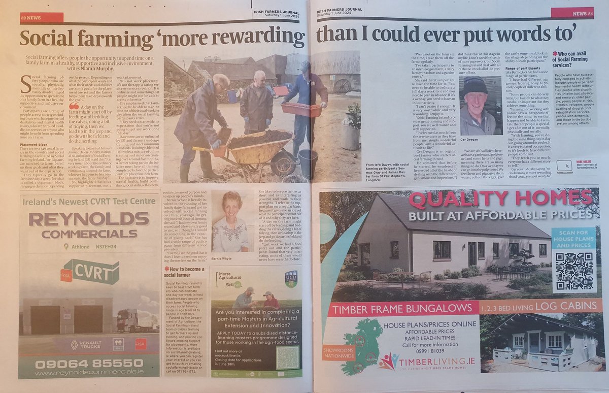 Our national #SocialFarming project @Lairdhse06 & some of our farmers feature in @farmersjournal this week. Funded by @agriculture_ie and supported by @HSELive @dcediy @AnneRabbitte @HealthyIreland @BOCSI_Social and many more socialfarmingireland.ie