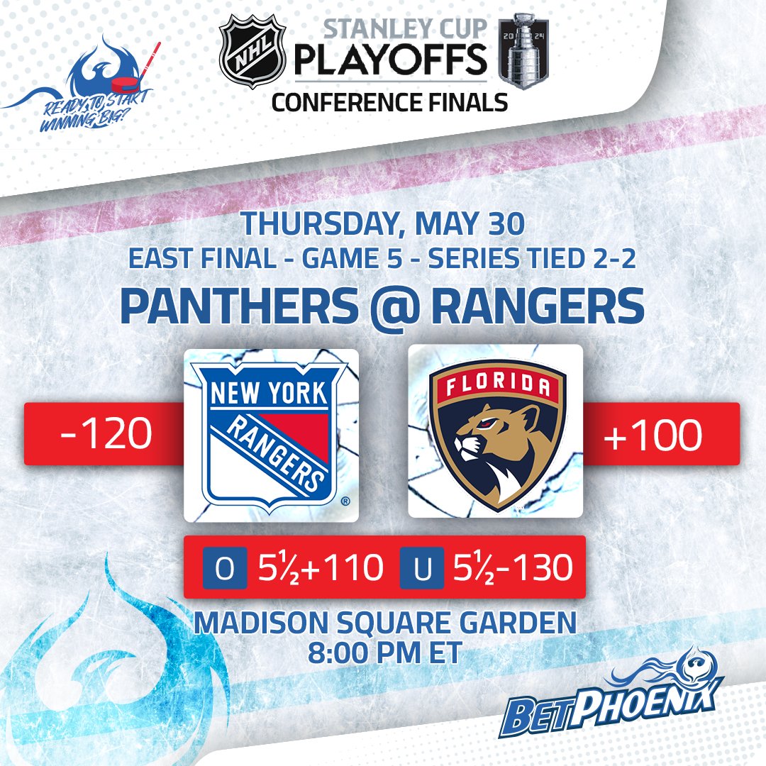 Exciting #NHLPlayoffs Thursday Action!🔥 💵Join #BetPhoenix & Get $100, Check📌 🏒#Rangers @ #Panthers 8:00 PM ET The #NYR #NoQuitInNY will try to make the MSG a fortress for Game 5 against Florida #TimeToHunt! What's your #StanleyCup pick? Get your #NHLBets in now! #NHL