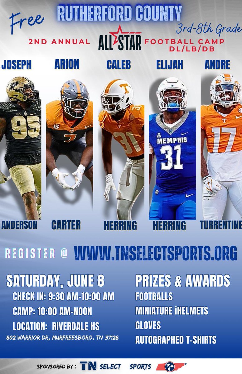 Free DL/LB/DB Camp, grades 3-8th! Come out and have a great time! 
⚠️(Sign Up Below)⚠️

forms.gle/AGpkRwBxRdiNvX…