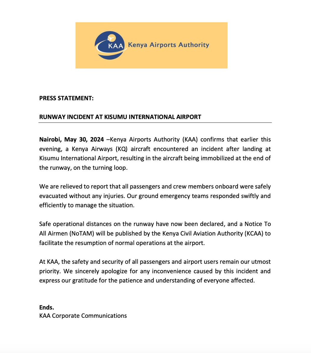 📢PRESS STATEMENT on the runway incident at Kisumu International Airport earlier this evening.