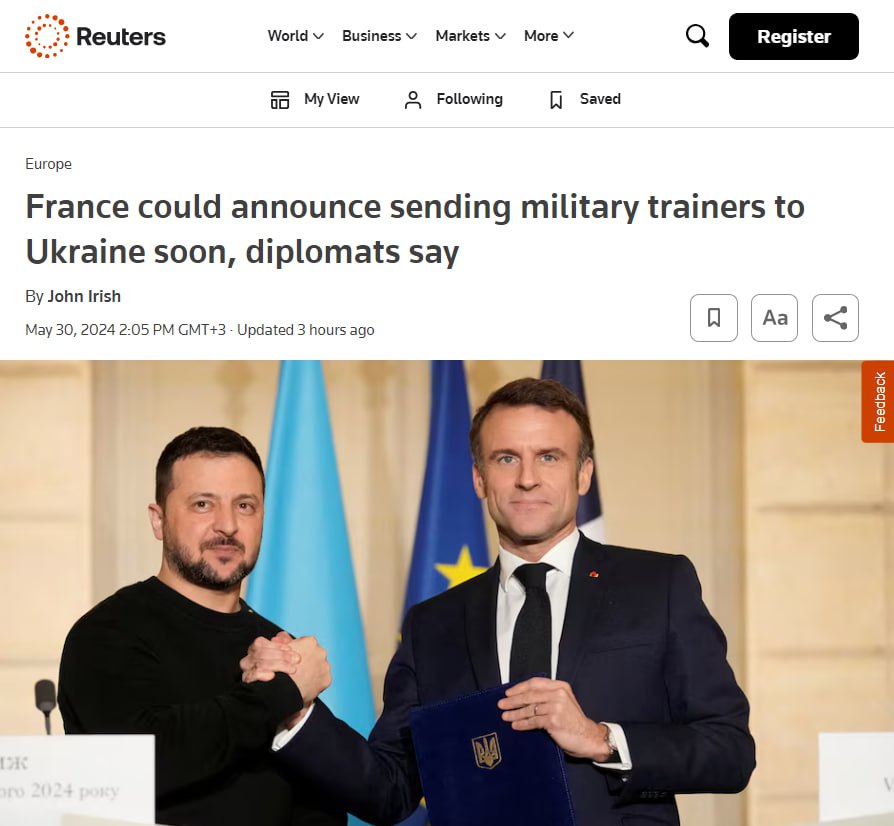 Reuters : La France s'apprête à annoncer l'envoi de ses « instructeurs » en Ukraine Selon l'agence, citant trois sources diplomatiques, le président Macron pourrait l'annoncer la semaine prochaine. La France enverrait dans un premier temps un nombre limité de formateurs pour