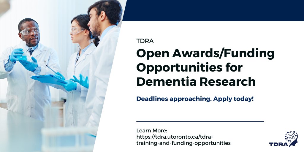 TDRA has 3 open #awards/#funding opportunities: TDRA Seed Fund Competition (LOI due June 14), Scholarship for Graduate Dementia Research by Black Students (due June 30), &amp; Sandra E. Black Award in Clinical Dementia Research (due Sept 20). Find yours here: bit.ly/3UW0GYK