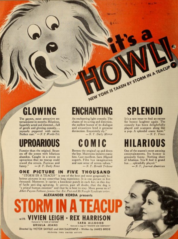 Vivien Leigh and Rex Harrison appeared in Storm in a Teacup. Its dog was played by Scruffy, who did personal appearances at cinemas around the country, and 'wrote' a short autobiography that was published as a book. #TCM #oldHollywood #GWTW #GONEWITHTHEWIND #TCMparty #VivienLeigh