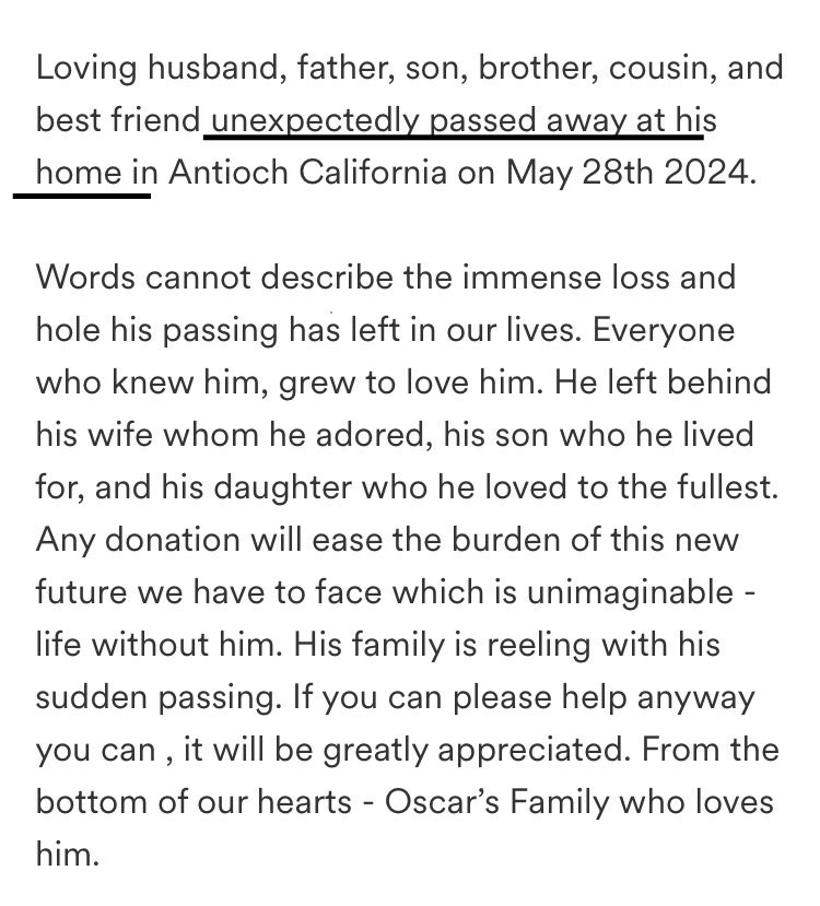 “Oscar unexpectedly passed away at his home.”
(May 2024)

Husband of vaccinated woman #diedsuddenly