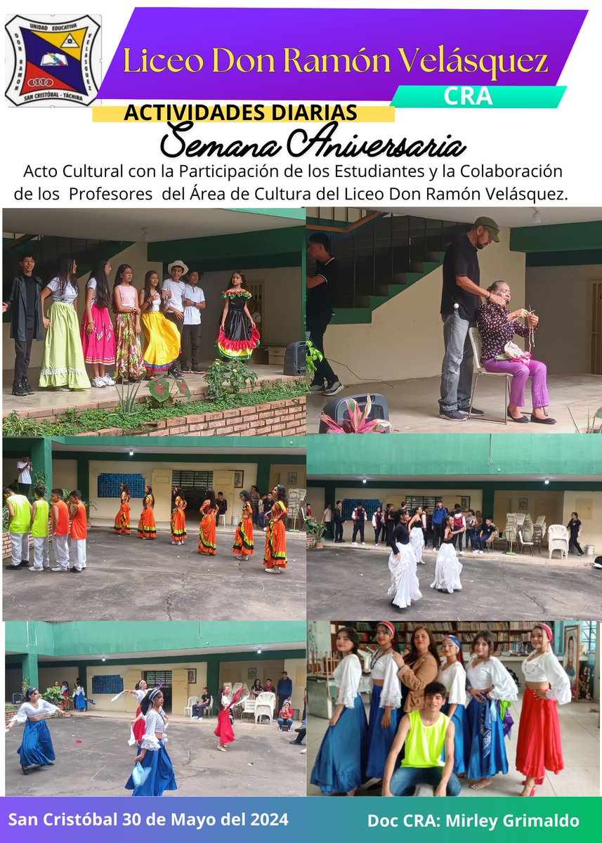 uenramvel's tweet photo. El Liceo Don Ramón Velásquez Celebró este Jueves 30 de Mayo del 2024 un Acto Cultural con la Participación de los Estudiantes y la colaboraciones de los Profesores de Cultura. Felicitaciones.  San Cristóbal Estado Táchira .
@_LaAvanzador
@MPPEDUCACION
@ZETachira https://t.co/q5Zanje9S6